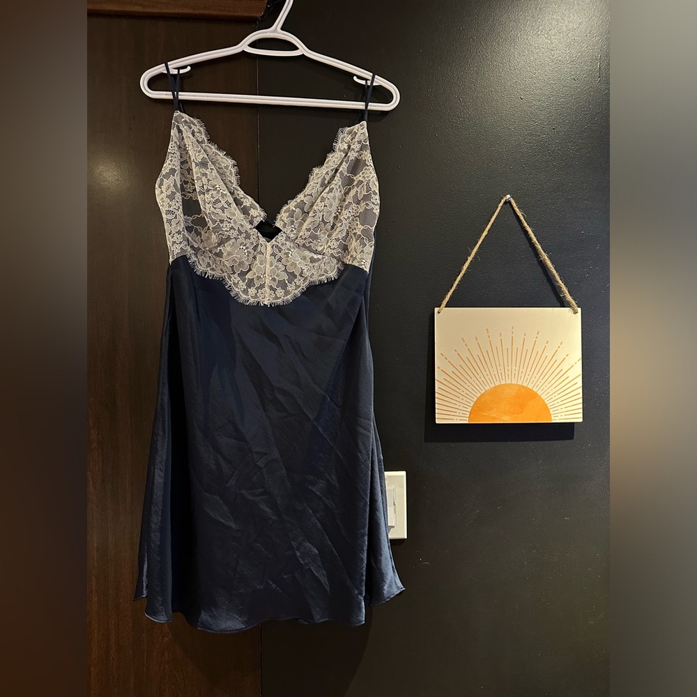Abercrombie & Fitch Navy Satin Chemise with Cream Lace